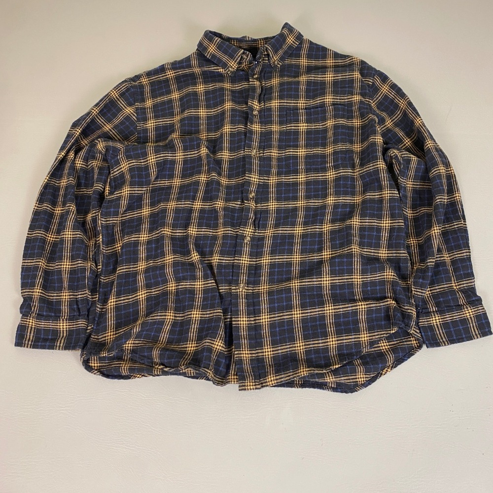 Consensus Brushed Flannel Shirt Men's Size XL Navy Blue Tan‎ Plaid Button Up